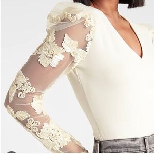 Express Ivory Bodysuit with Lace Floral Sleeves